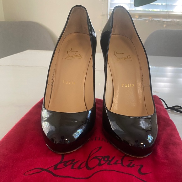 CHRISTIAN LOUBOUTIN ~ RON RON ZEPPA BLACK PATENT LEATHER WEDGES, SIZE 37.5 - Picture 2 of 7